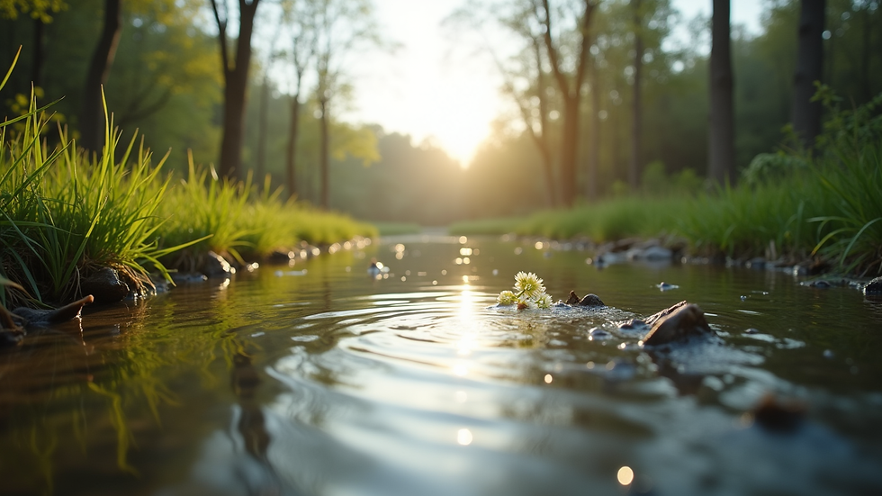 Eye-level view of a peaceful nature scene with a calm river