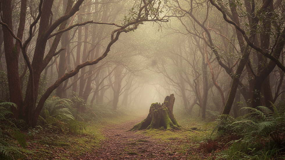 Eye-level view of a serene forest path with sunlight filtering through trees