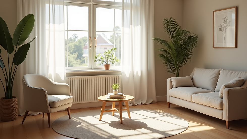 Eye-level view of a serene therapy room with comfortable seating and calming decor