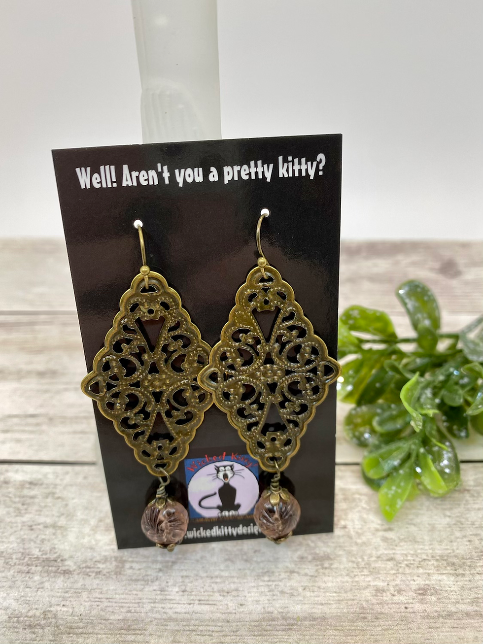 Thumbnail: Bronze and Rose Deco Dangly Earrings 