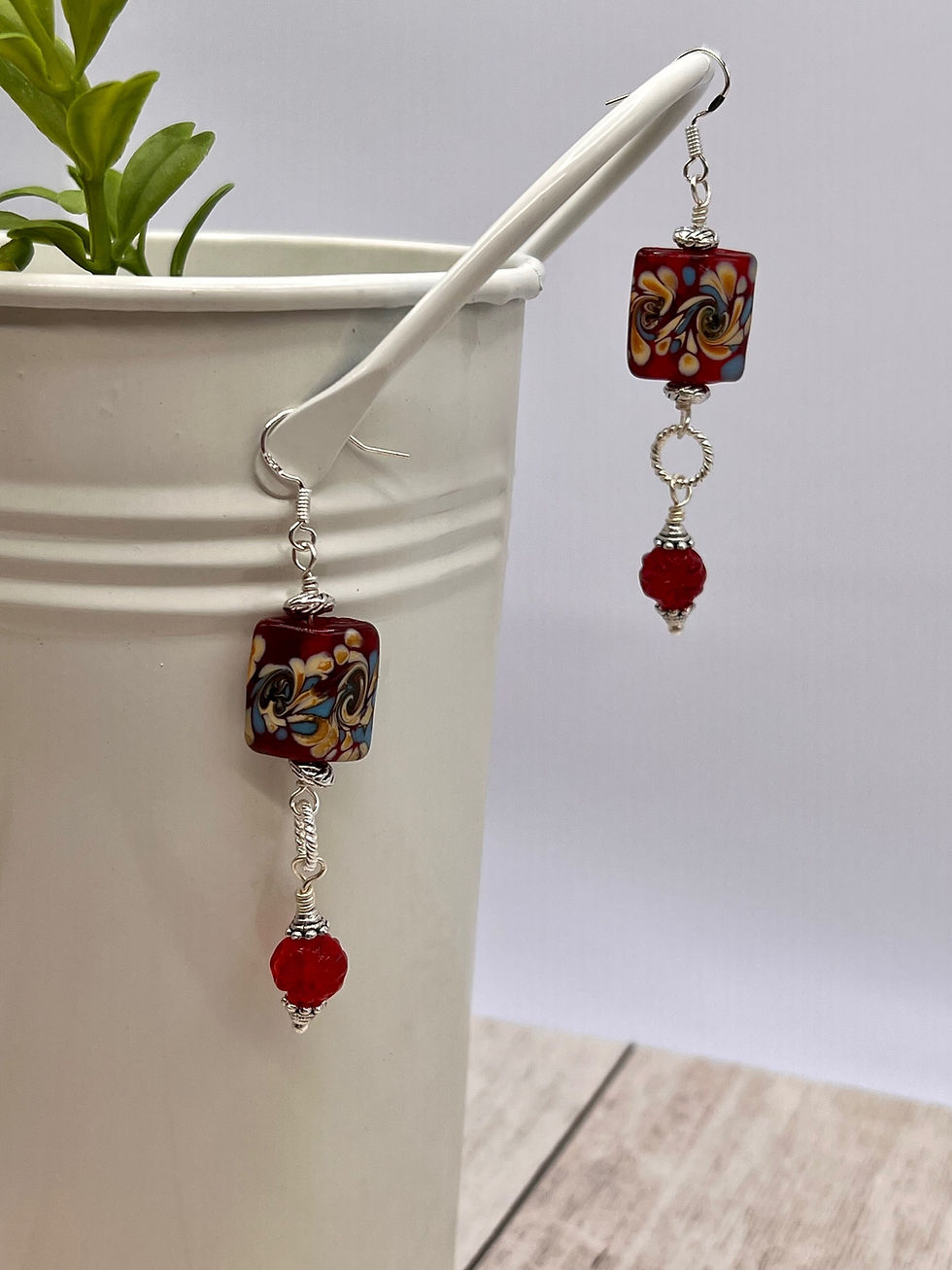 Thumbnail: Red Swirl Lampwork Drop Earrings 