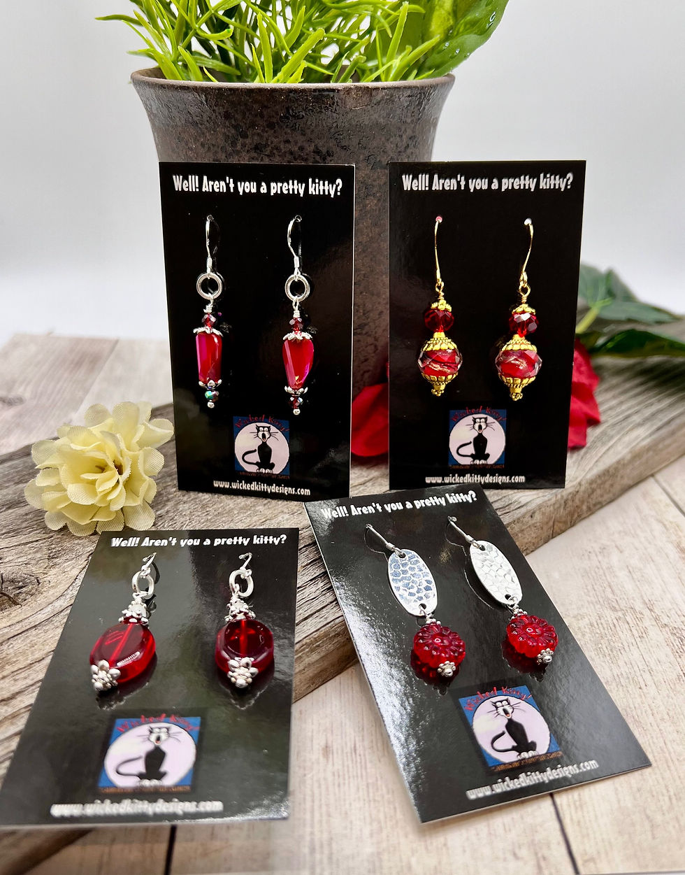 Thumbnail: Red glass oval bead earrings 