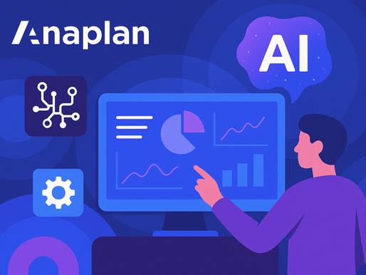 Anaplan AI integration – a user interacting with an AI-enhanced dashboard, displaying smart insights, automated recommendations, and dynamic planning visuals.