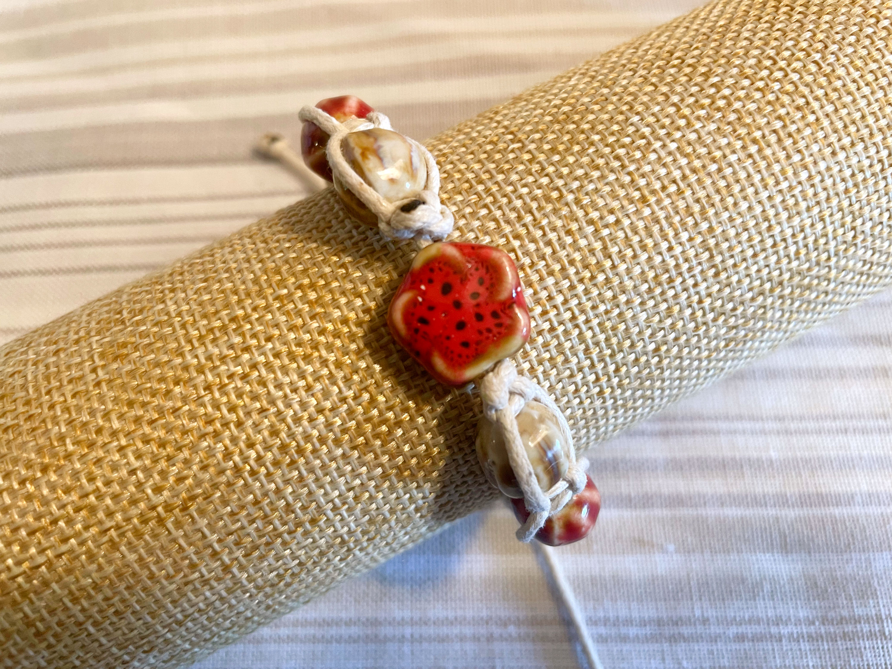 Red and Brown or Cream Flower Bracelet