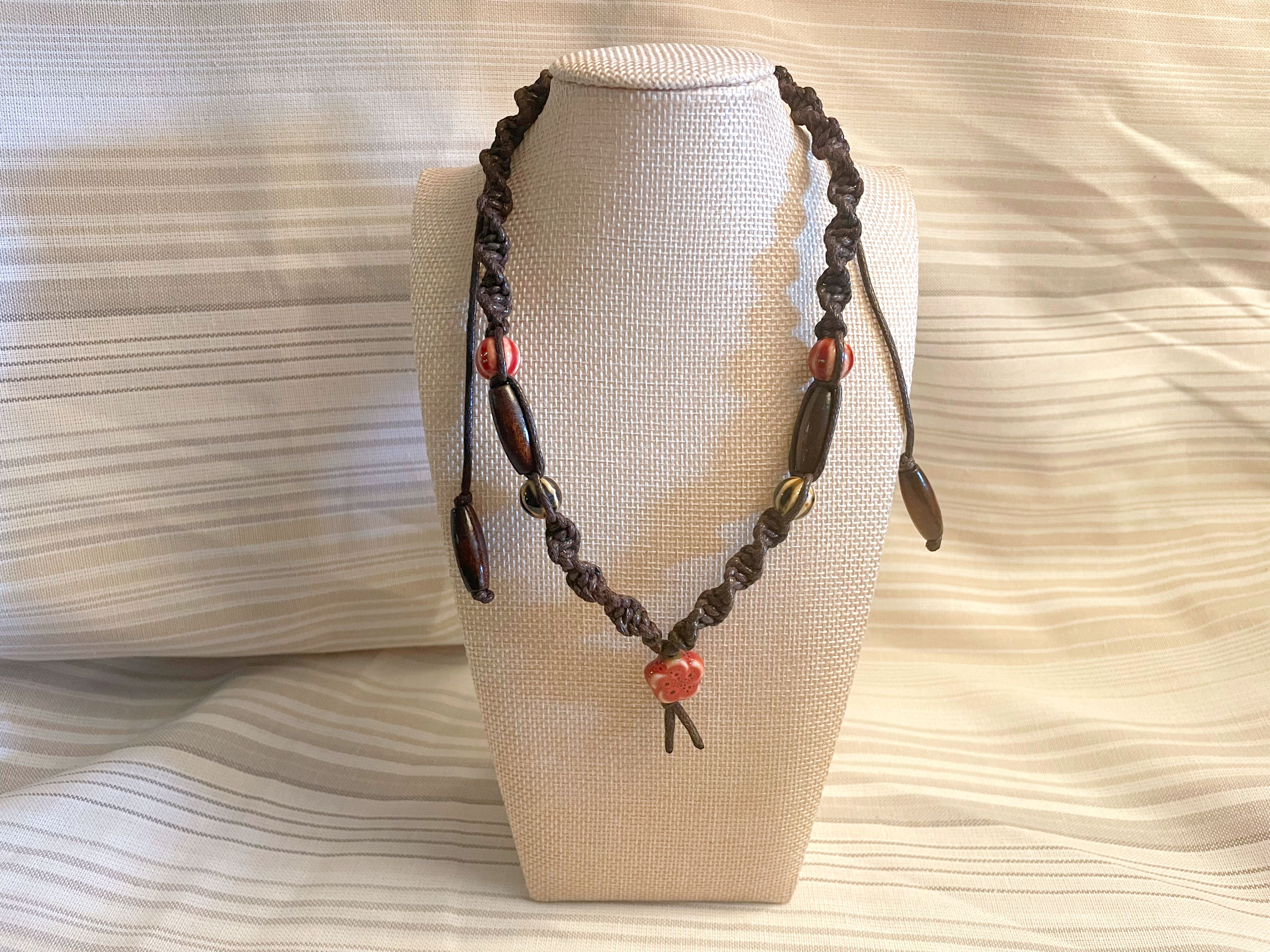 Red and Brown or Cream Flower Necklace