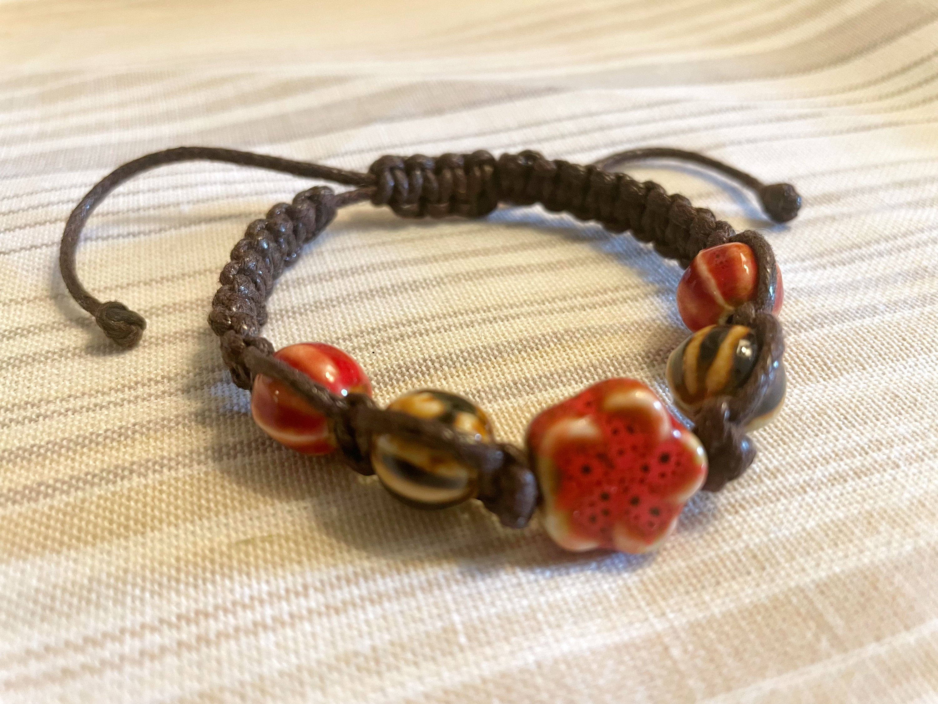Red and Brown or Cream Flower Bracelet