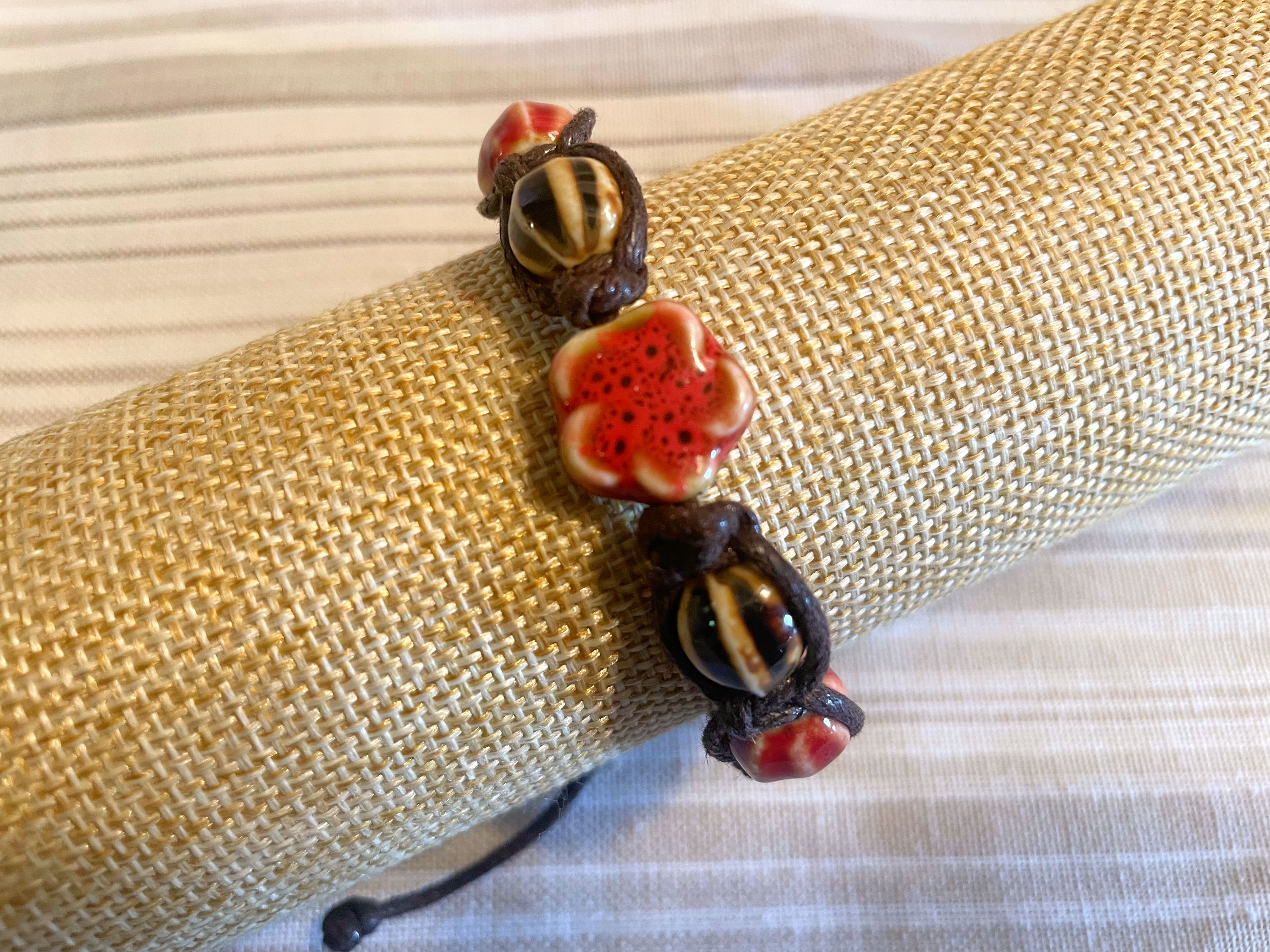 Red and Brown or Cream Flower Bracelet