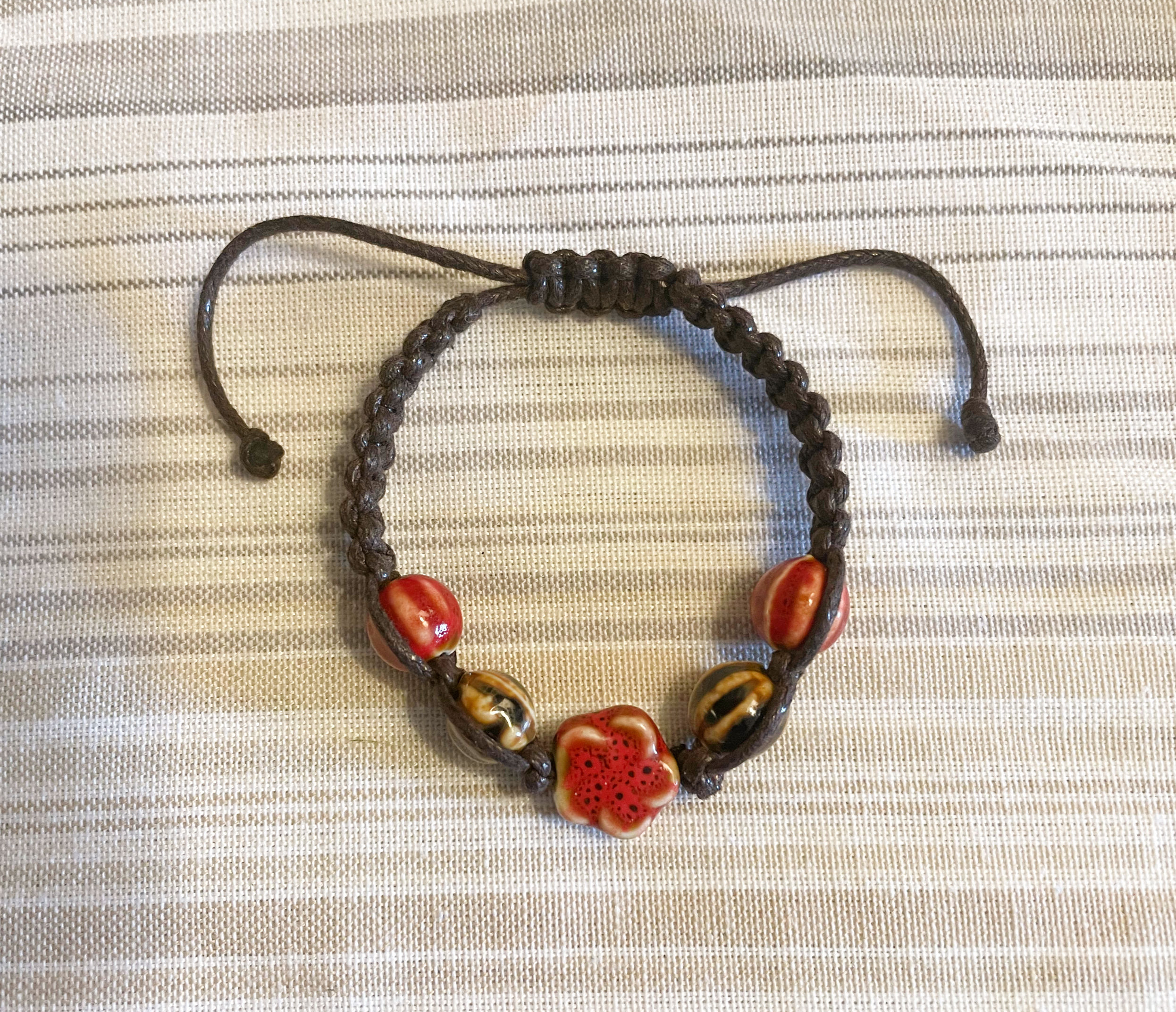 Red and Brown or Cream Flower Bracelet