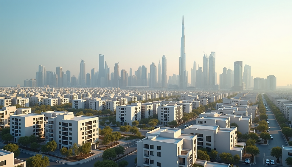 Peaceful Dubai villa community with skyline backdrop – representing home ownership and property investment in Dubai