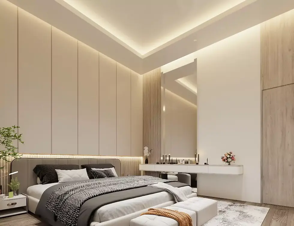 Modern bedroom interior design with a large bed, layered blankets, nightstands, and plants. Minimalist decor and soft lighting create a serene atmosphere.