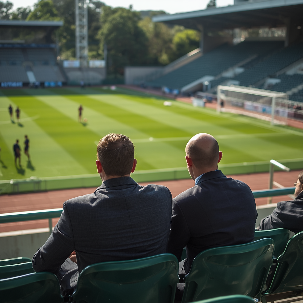 Two soccer scouts sitting in bleachers looking down at a soccer field below