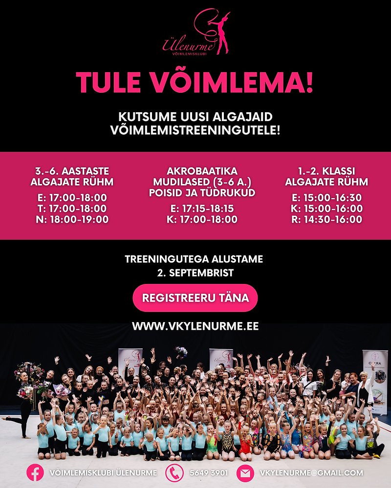 Ootame uusi algajaid võimlemistreeningutesse! Tunniplaan hakkab kehtima alates 2.09.2026. Septembrikuu jooksul on kõik oodatud proovitreeningutele, milles osale