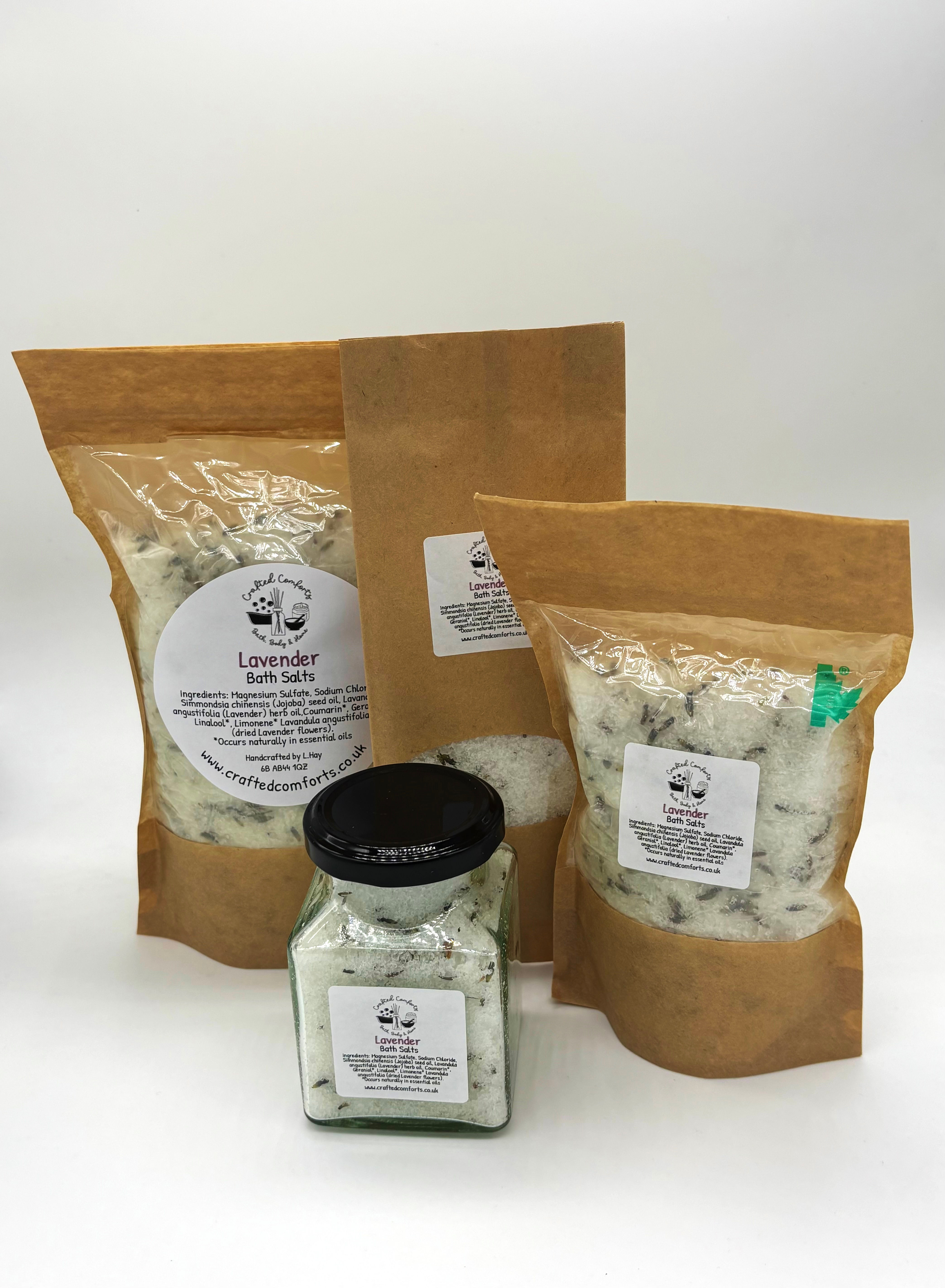 lavender scented bath salts by crafted comforts in a variety of different sizes