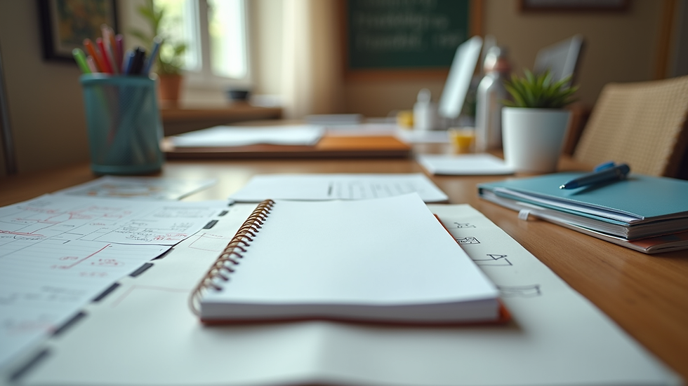 Eye-level view of a desk with a planner and study materials