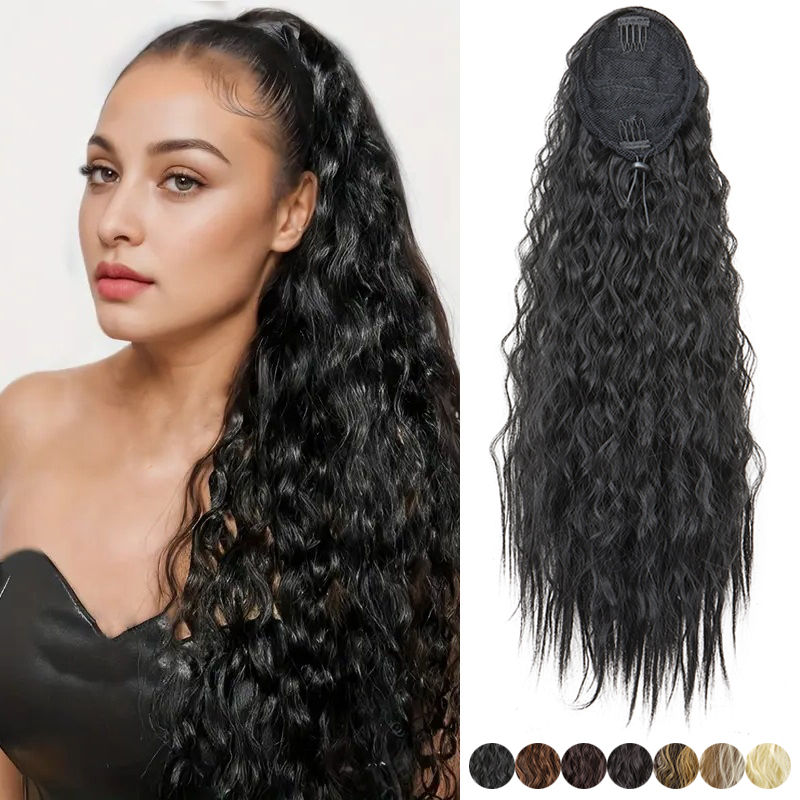 22Inch Synthetic Long Kinky Wave Curly Drawstring Clip in Ponytail Hair Extensio
