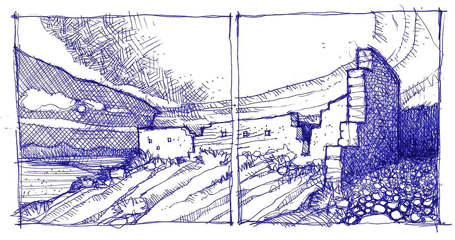 hand sketch of cliff dwelling in southern Utah by architect mark lind