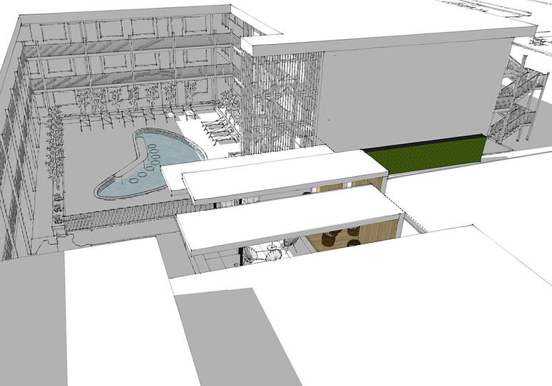 aerial view of the inner courtyard at alma apartments with the three offset covered pavillion spaces