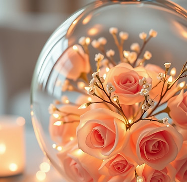 A soft, romantic close-up of a transparent decorative globe filled with warm fairy lights 