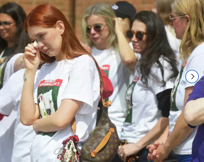 Adelina Yarashev, of Brooklyn, N.Y., wipes away a tear as she gathers with other animal rights supporters who attended an appearance by Sarah Smolak at state Superior Court in Torrington Thursday, May 8, 2025. Yarashev is a manager with AMA Animal Rescue in Brooklyn, the group that originally fostered the dog Marshmallow who went missing while under Smolak’s care. – H John Voorhees III/Hearst Connecticut Media