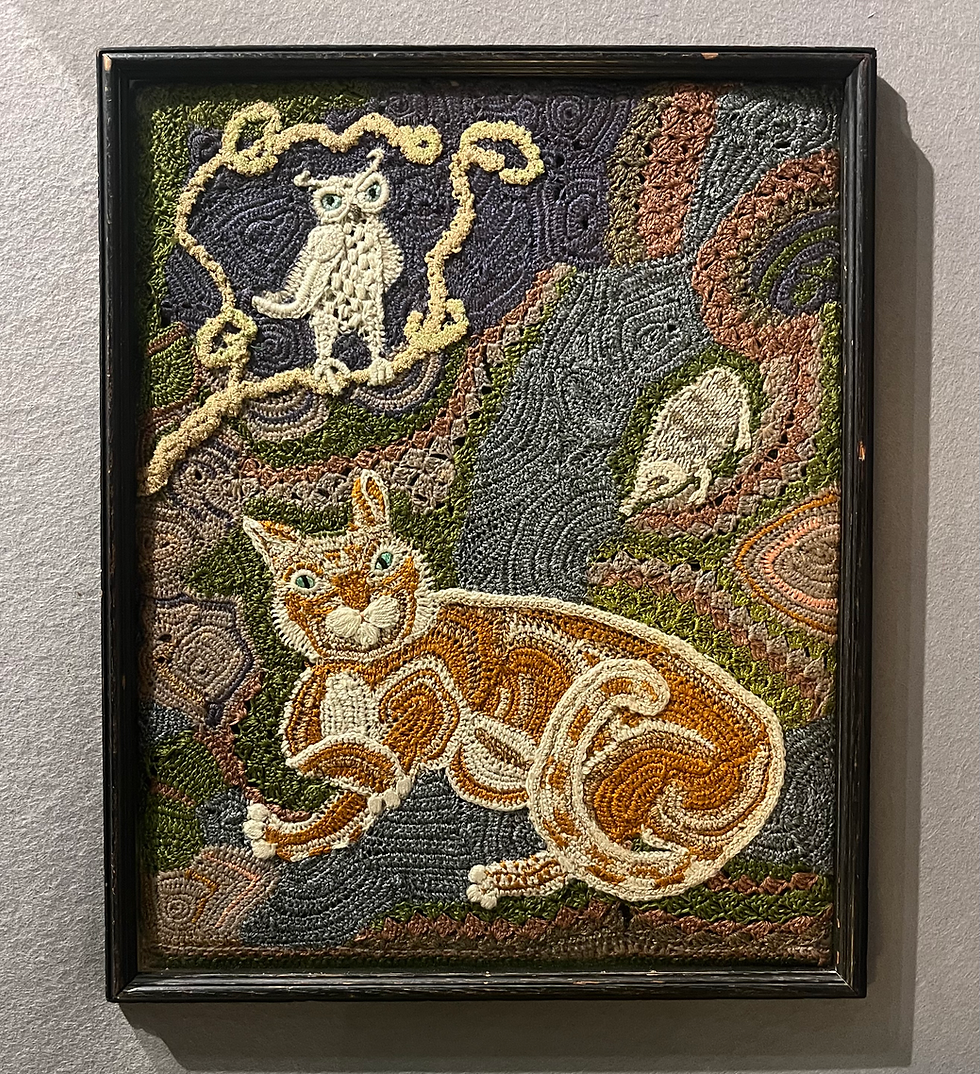 Folk Art Owl and Pussy Cat crewel work textile