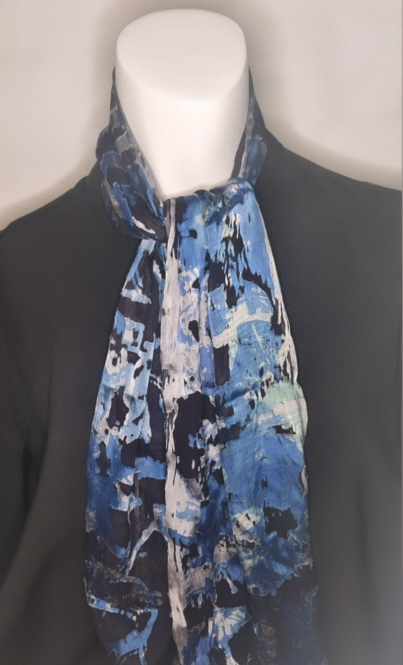 Thumbnail: Soft Gold, Blue & Navy Fairground Devore Printed Silk Scarf 