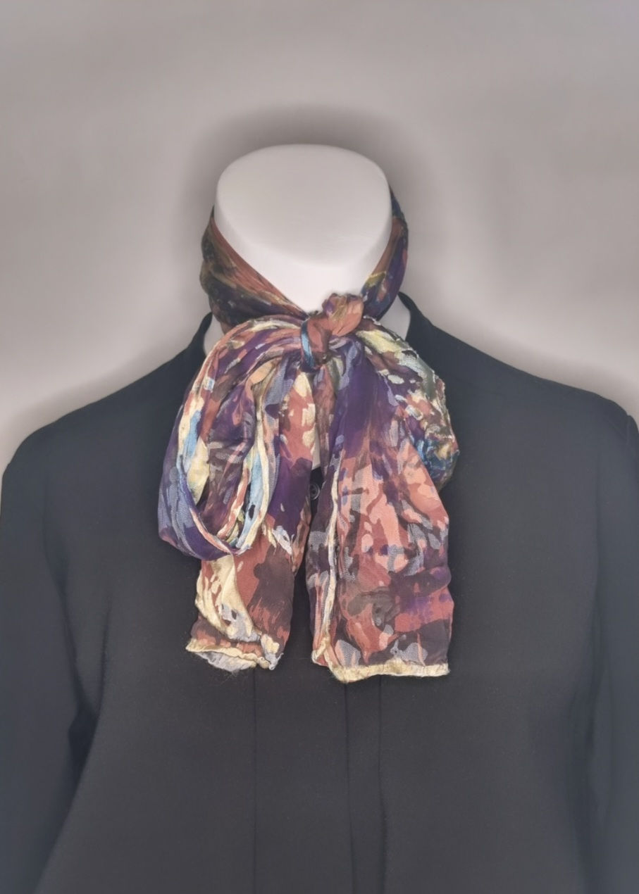 Thumbnail: Soft Gold, Sky Blue & Deep Mauve Fairground Devore Printed Silk Scarf 