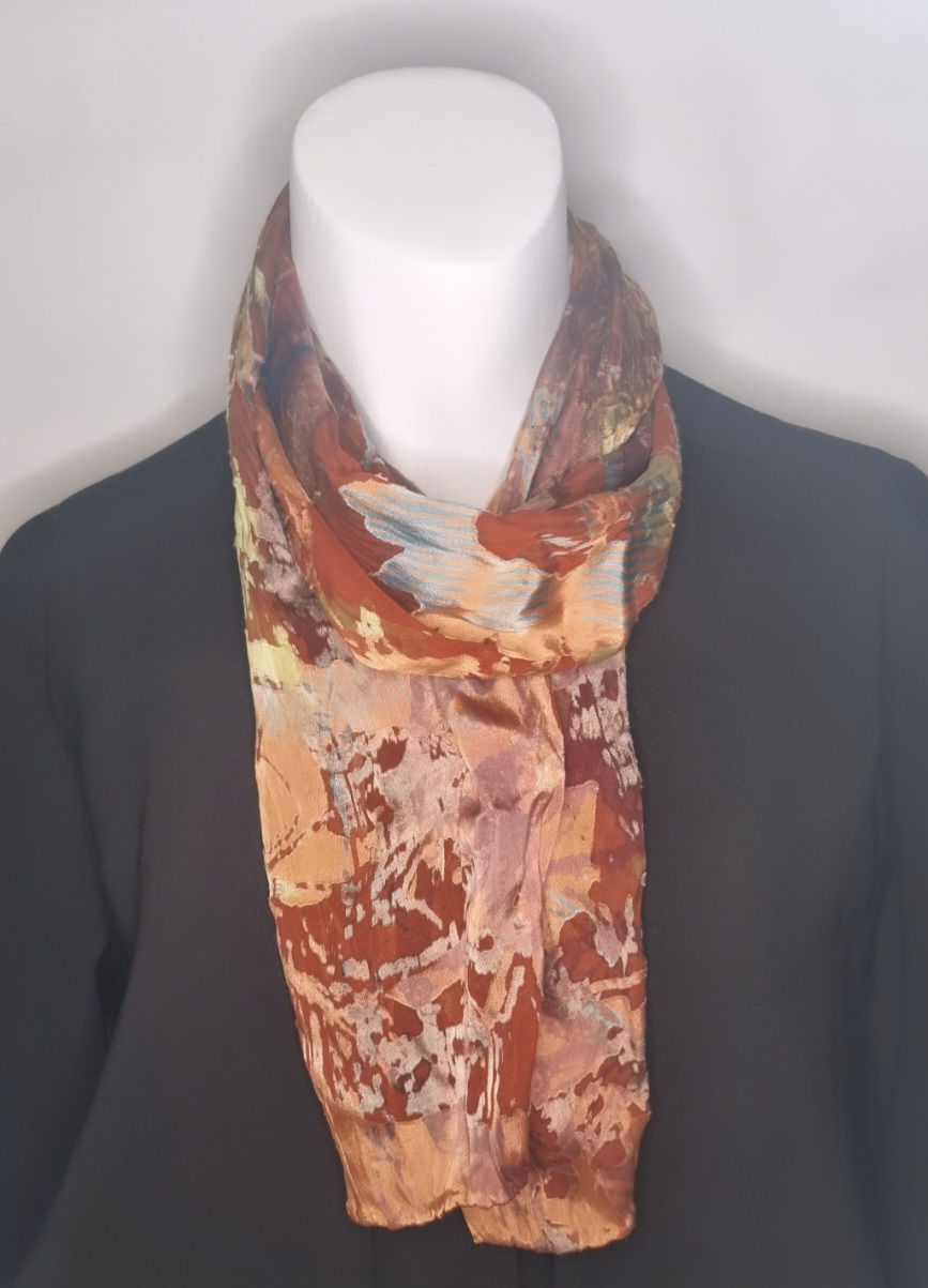Thumbnail: Bronze, Gold & Blue Satin Devore Scarf