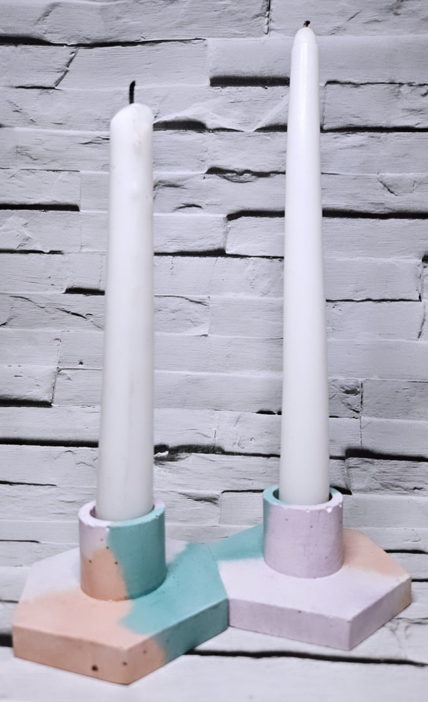 Thumbnail: Forest Green, Orange & Lilac Hexagonal Candlestick Holders