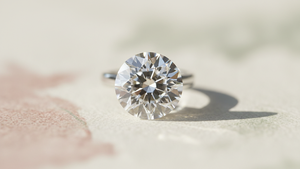 Eye-level view of a sparkling round diamond on a white background