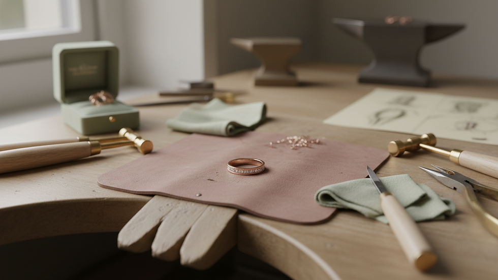 Eye-level view of a jeweler’s workbench with tools and a custom wedding band in progress