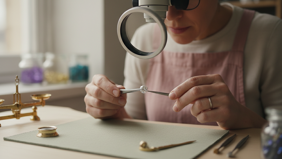 Eye-level view of a jeweler examining a loose diamond under magnification