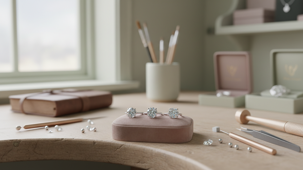 Eye-level view of a jeweler's workspace with tools and diamond rings