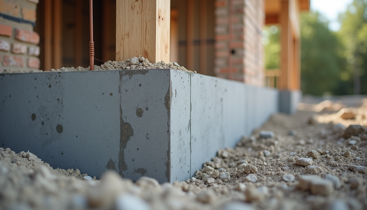 Eye-level view of a sturdy house foundation with concrete pillars and steel reinforcements