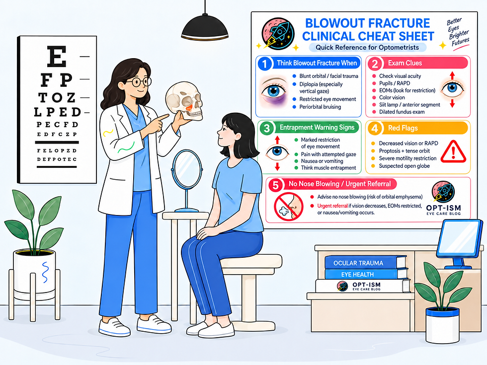 Optometrist explains a skull to a seated patient in an eye clinic, beside a poster titled Blowout Fracture Clinical Cheat Sheet.
