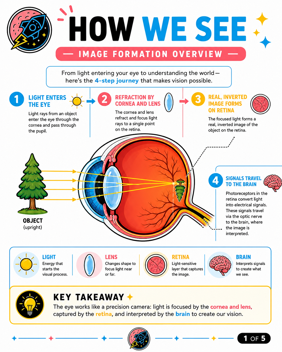Infographic titled How We See shows a tree’s light passing through eye, lens, retina, and brain to form an image.
