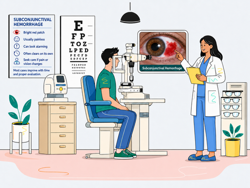 Eye clinic scene: doctor points to red eye image labeled Subconjunctival Hemorrhage as patient sits at slit lam