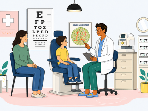 Doctor conducts color vision test on boy in clinic. Mother sits nearby. Eye charts on wall.