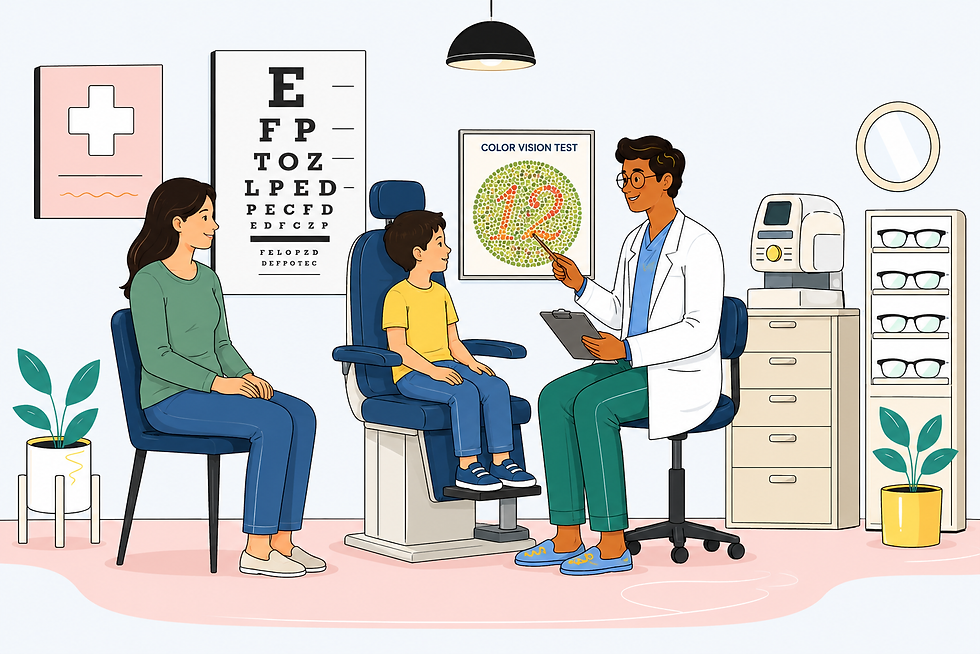 Doctor conducts color vision test on boy in clinic. Mother sits nearby. Eye charts on wall.