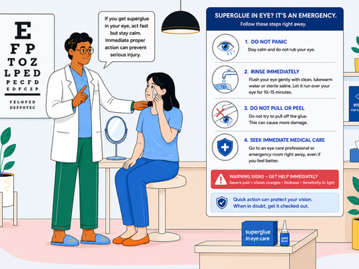 Doctor reassuring patient, eye chart and plants in the background. Steps to handle superglue in eye displayed, emphasizing immediate action.