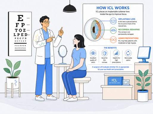 Eye doctor explains ICL surgery to seated patient in clinic, with eye chart and poster reading HOW ICL WORKS and THE BENEFITS