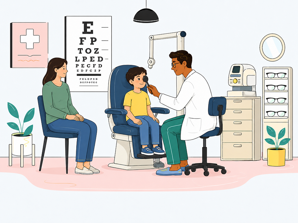 Eye doctor tests a boy’s vision while his mother waits in a bright clinic with eye chart and glasses display.