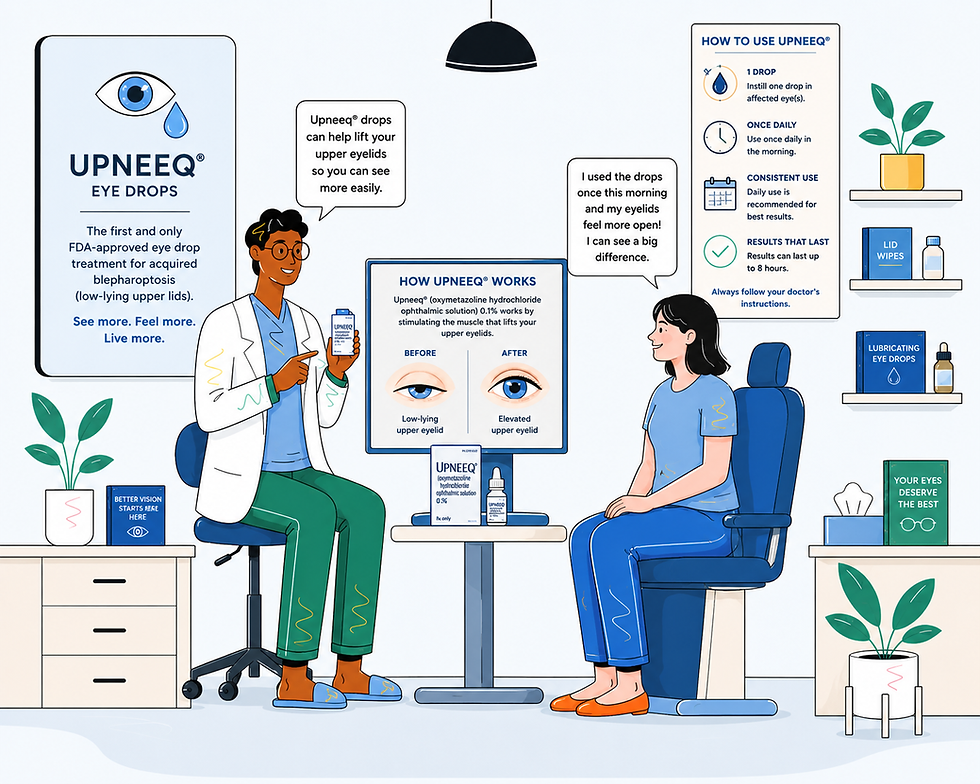 A doctor shows Upneeq eye drops to a patient in an office. Instruction posters in the background.