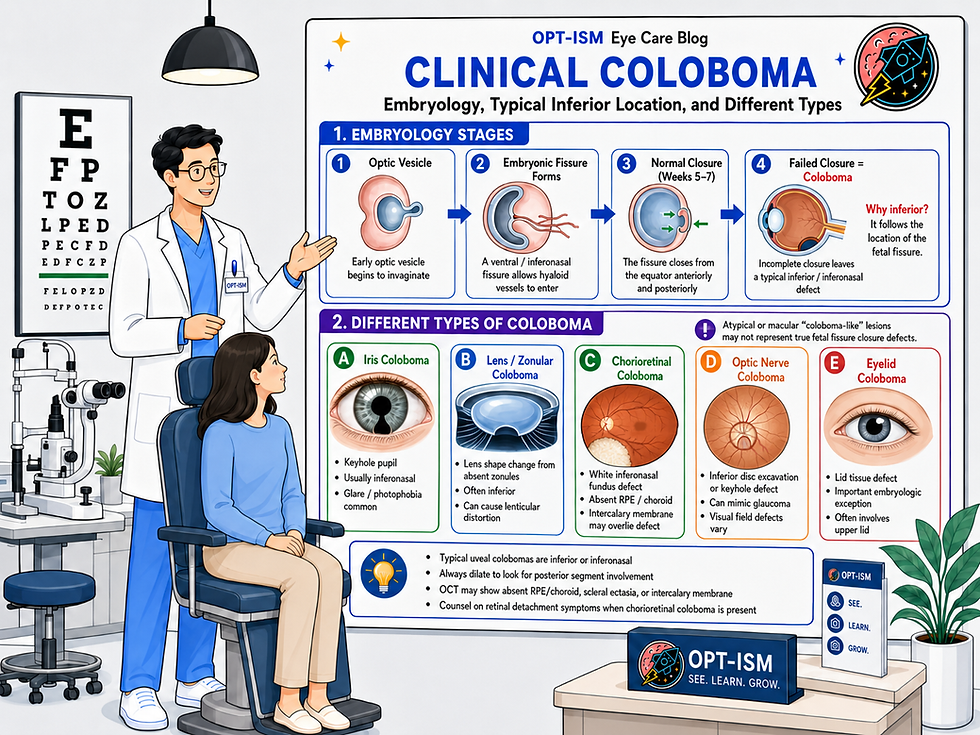 Eye clinic poster on clinical coloboma beside doctor and seated patient, with eye chart, exam tools, diagrams, and OPT-ISM text