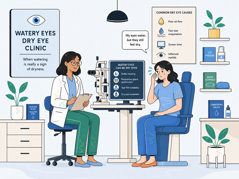 Illustrated dry eye clinic with doctor examining teary patient; posters explain watery eyes can still mean dry eye.