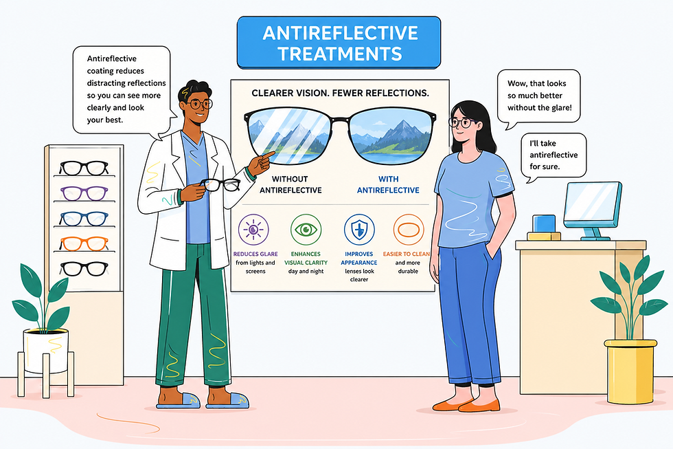 An optician shows glasses with antireflective treatment benefits to a customer. Text highlights reduced glare and improved clarity.