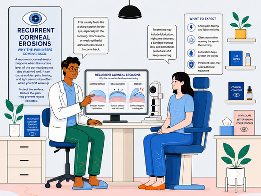 Doctor explains recurrent corneal erosions to a patient in an eye clinic, with an eye diagram and treatment posters.