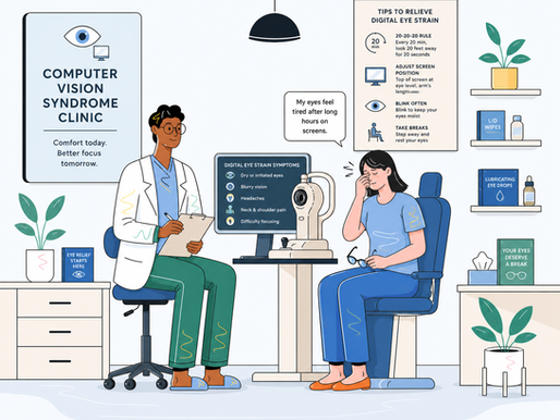 Doctor and patient in an eye clinic. Patient holds glasses, eye chart and tips on reducing strain visible.