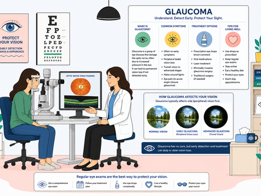 A doctor examines a patient's eye with imaging equipment in a clinic. Posters about glaucoma and eye health are visible in the background.