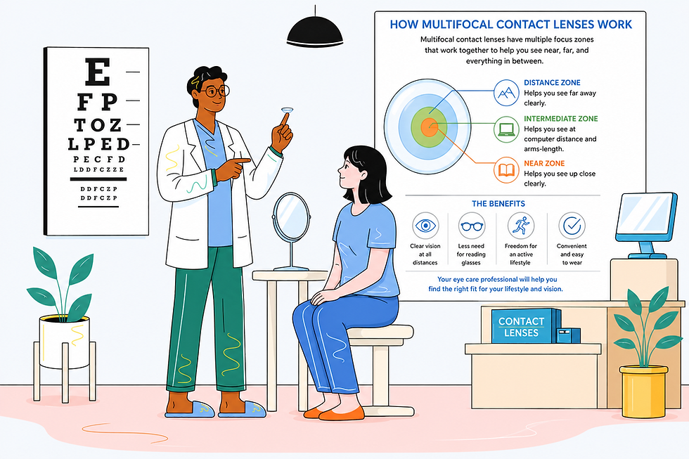 Optometrist holding a contact lens, showing it to a seated woman. Eye chart, infographic on multifocal lenses.