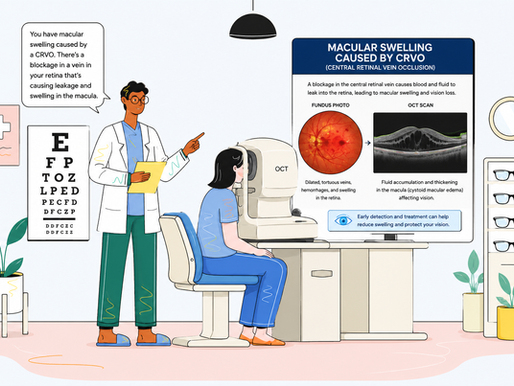 Doctor explains macular swelling diagnosis to a patient at an eye exam. Eye chart and medical poster in the background. 